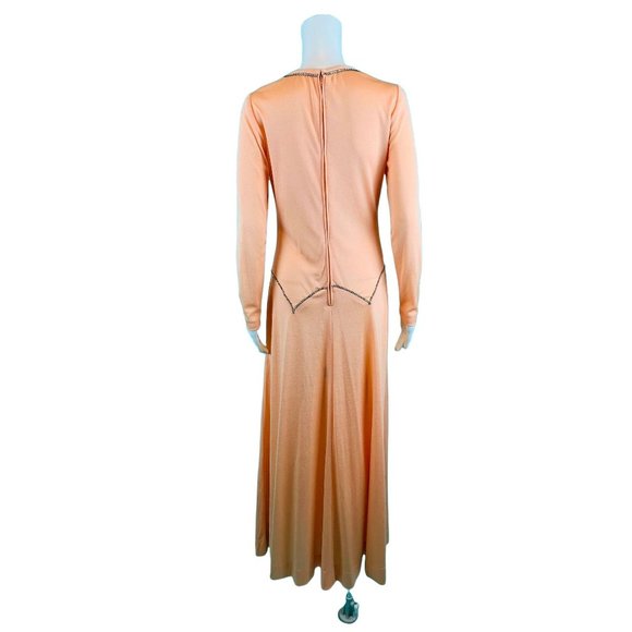 Vintage 70s Formal Gown Women's Small Rhinestone Trim Peach Long Sleeve Dress - Picture 9 of 10